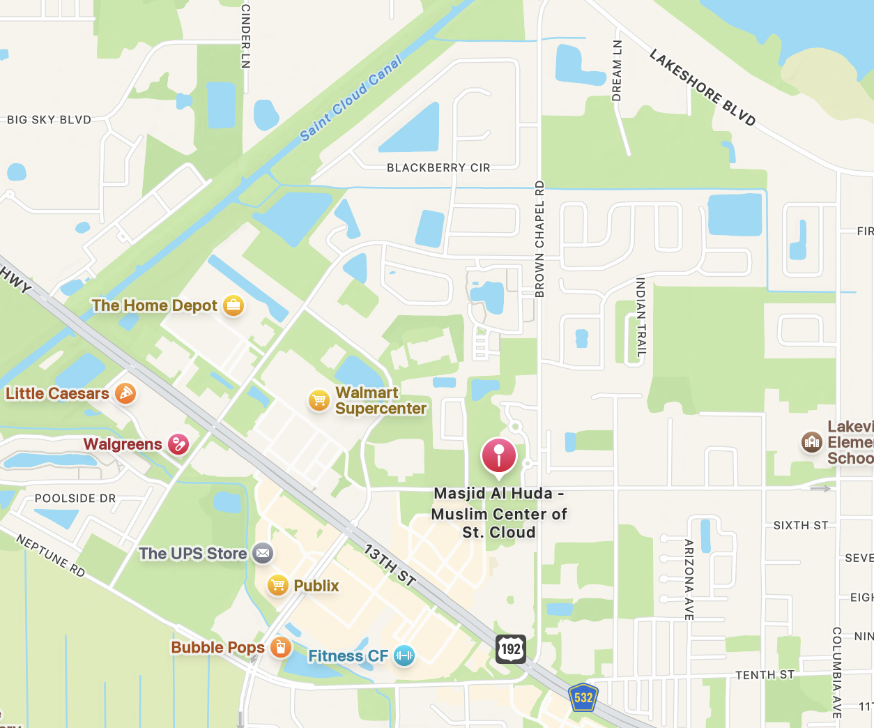 Map showing the location of Masjid Al Huda in St. Cloud, Florida